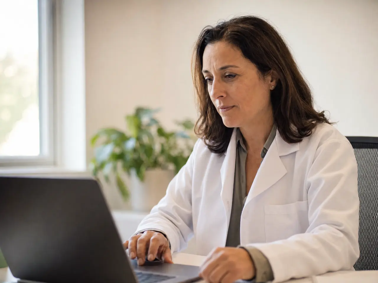 A clinician in a white coat reviewing a case at their desk